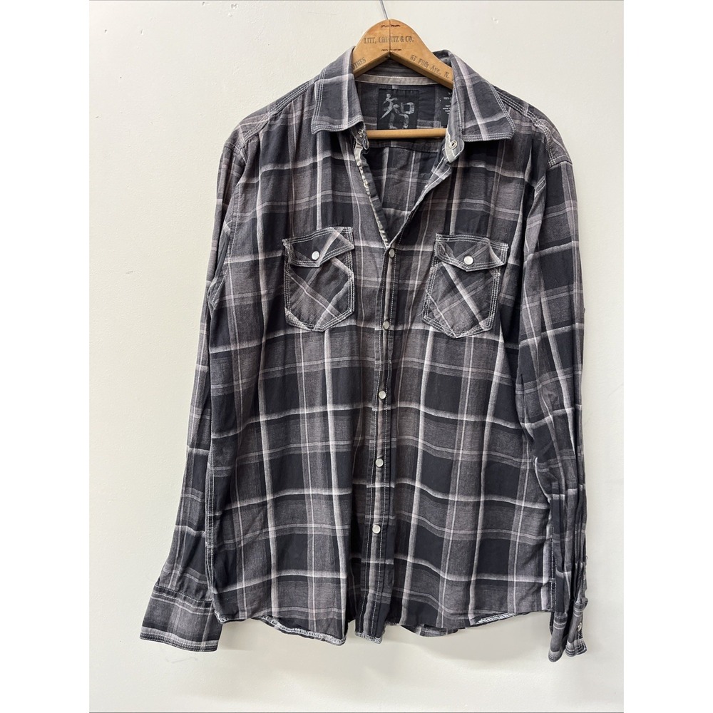 Age Of Wisdom Gray Pearl Snap Down Plaid Grunge Shirt Mens Large